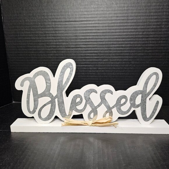 Hobby Lobby White Wood and Galvanized Blessed Script Lettering Tabletop Sign Wit - Picture 1 of 8